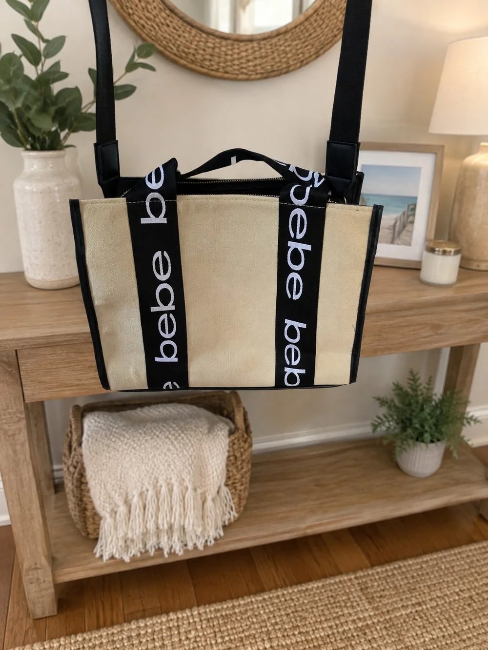 bebe Beige Canvas Crossbody with Black Logo Straps